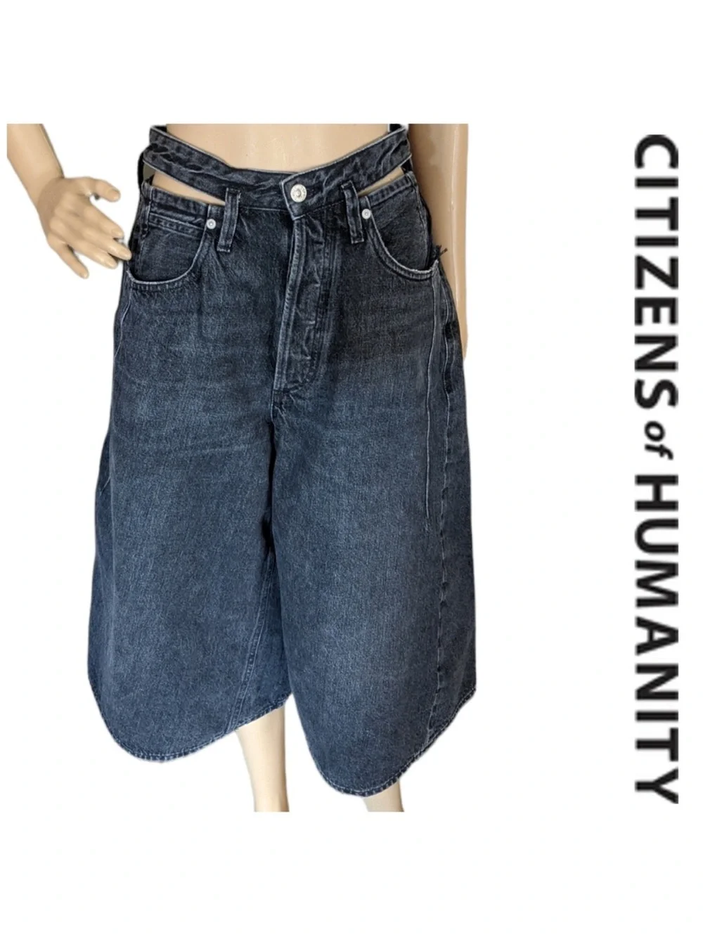 Citizens of humanity cutout waist wide leg baggy denim black jean shorts size 27